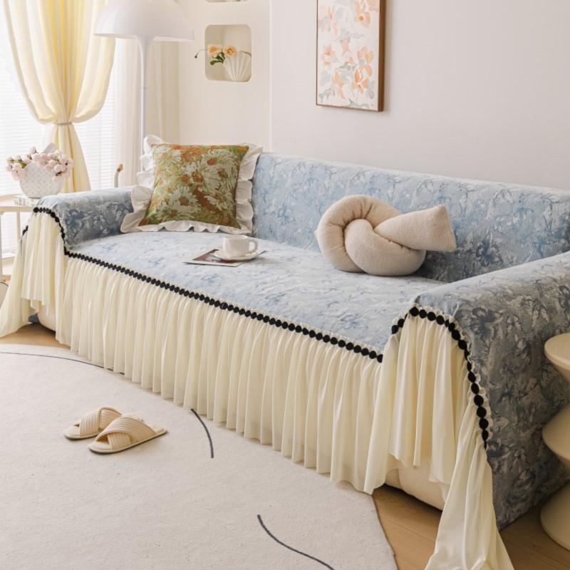 Fall One-size Chenille Loveseat Slipcover European Ruffled Edge Creamy Mats Wind Blossom Decorative Anti-Slip Patchwork Sofa Pad
