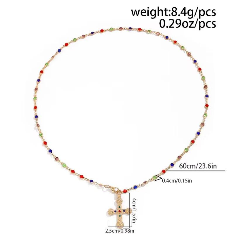 Y2K Fashion Boho Geometric Colored Crystal Chain Necklace For Women Female Vintage Gold Color Metal Cross Pendant Zircon Gift