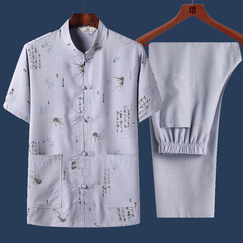 Men's Chinese-Style Summer Tang Suit: Short-Sleeve Linen Hanfu Robe for Middle-Aged and Elderly