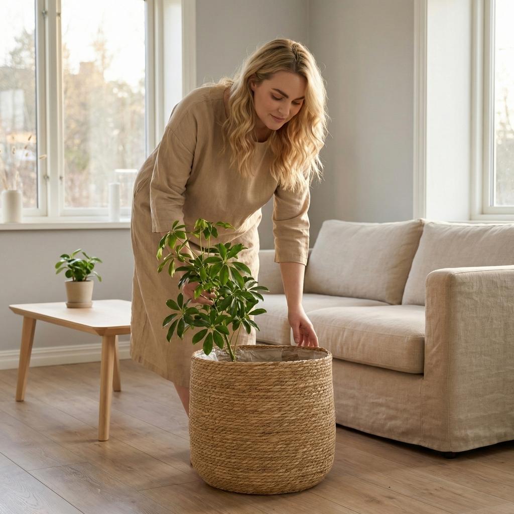 Handwoven Seagrass Plant Basket with Plastic Liner Natural Material Storage Container for Indoor Use Floor Decorative Pot Cover