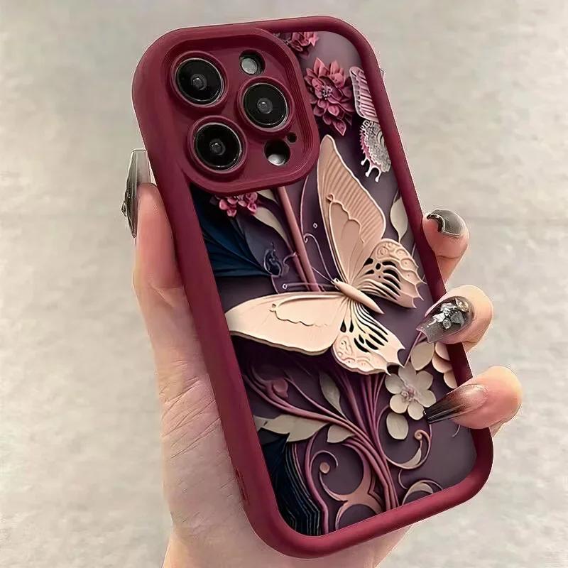 Butterfly Maroon Soft Silicone Grooved Cover For iPhone 15 14 13 12 11 16 Pro Max XS X 7 8 Plus Anti-Fall Protective Phone Case