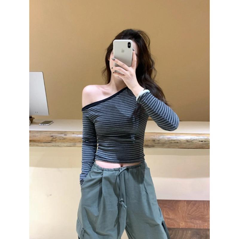 Off-Shoulder Spice Girl Slim-Fit Niche Bottom Shirt Women's Spring Stripe Contrast Color Long Sleeve Shoulder Top