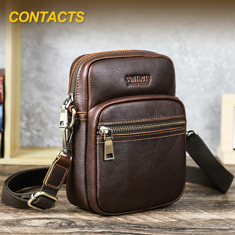 Men Top Grain Crazy Horse Leather Crossbody Bag Multi-Zipper Pockets Vintage Texture