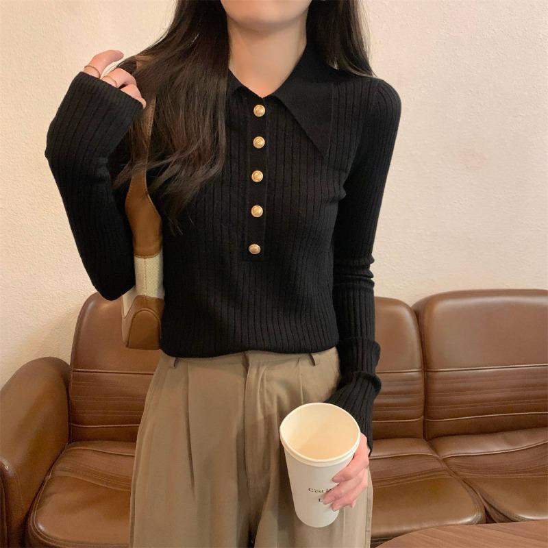 Herbst- und Winter-Polokragen Rippstrickpullover Damen Hochwertige Metallschnalle Innenoberteil Temperament Vielseitig Unterzieher Strickpullover Trend