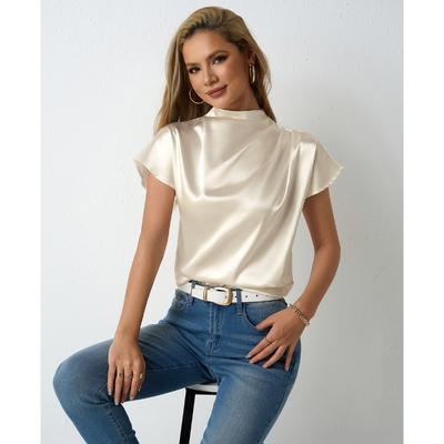 Spring and Summer Satin Blouse Women's Round Neck Short Sleeved Satin Top Left Shoulder Pleated Blouses & Shirts