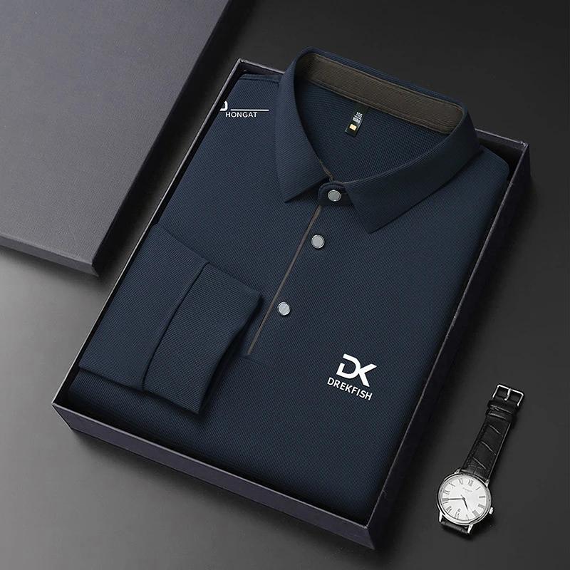 New Men'S Business Casual Long Sleeved Shirt With Badge Solid Color Polo Shirt Fashionable Breathable Comfortable Versatile Top