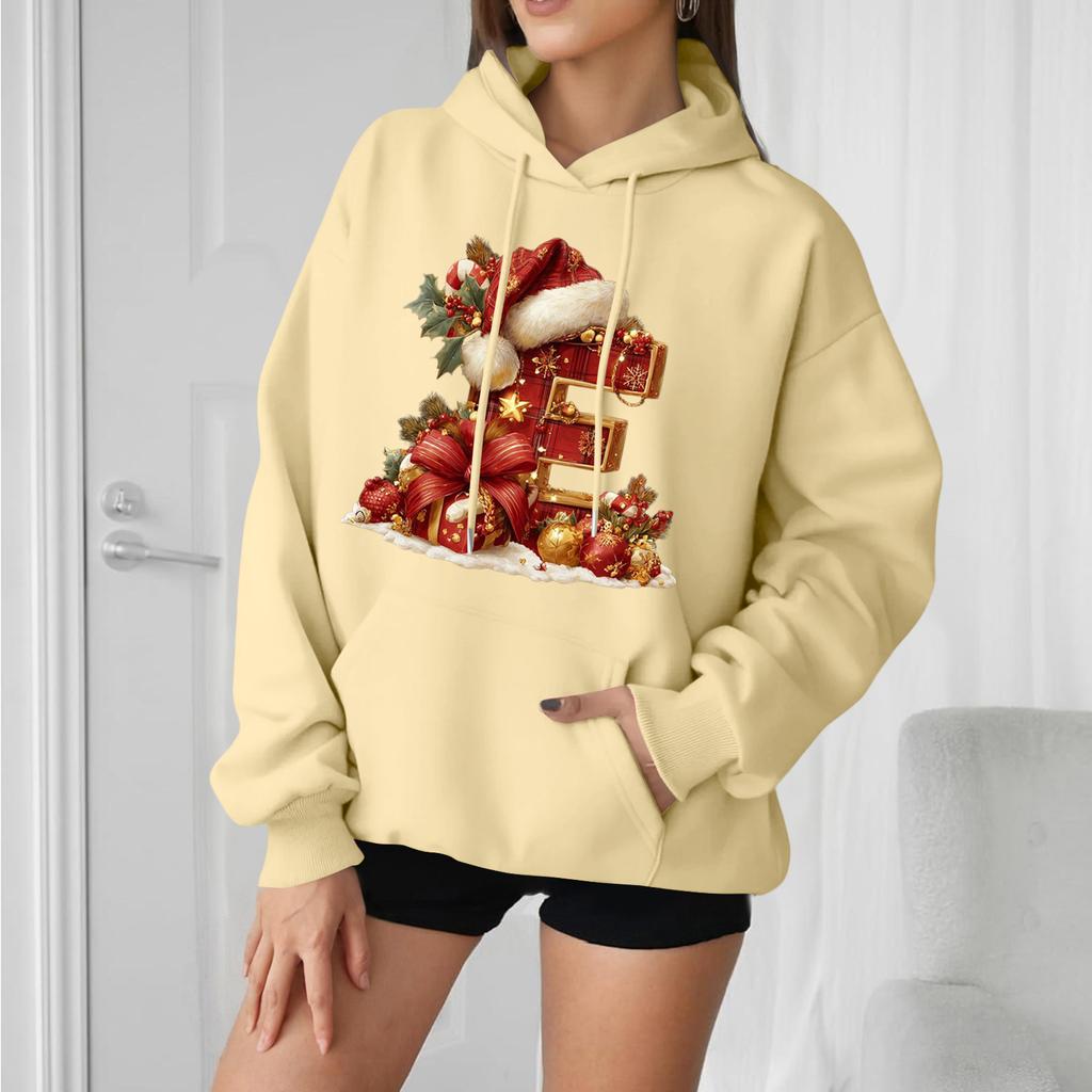 Women's Casual Comfortable Long-Sleeved Christmas Letter-Printed Warm Hooded Crew-Neck Sweatshirt