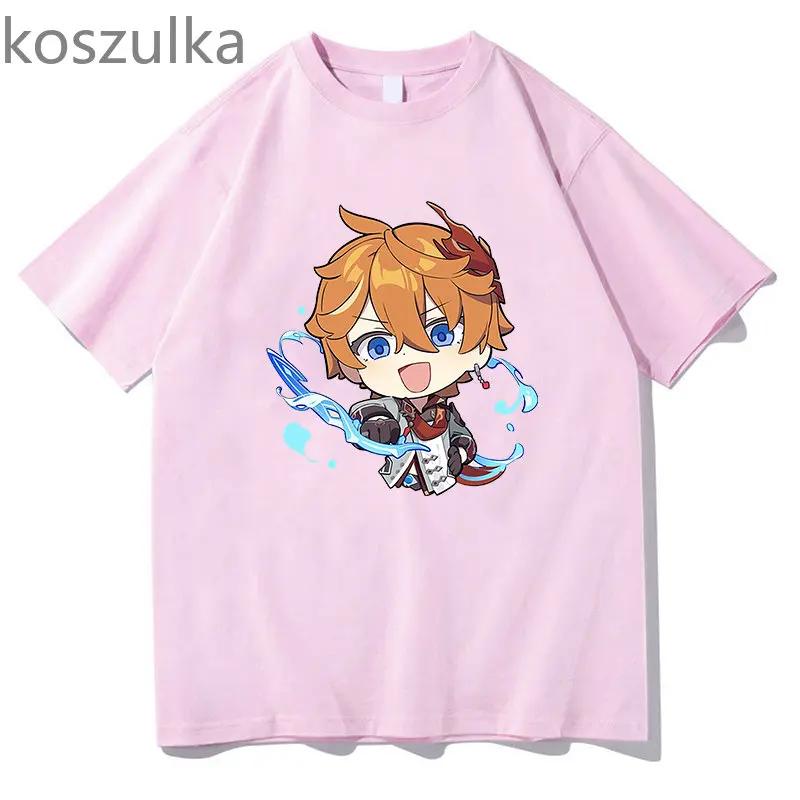 

Футболка Tartaglia Genshin Impact-Chibi Childe Пара, женская рубашка из 100% хлопка с милым мультяшным принтом, летние уютные мягкие повседневные топы 4XL