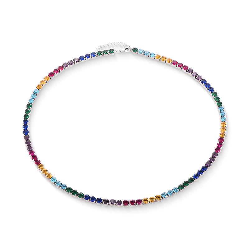 White Gold-Plated Copper Necklace with Colored Zirconia