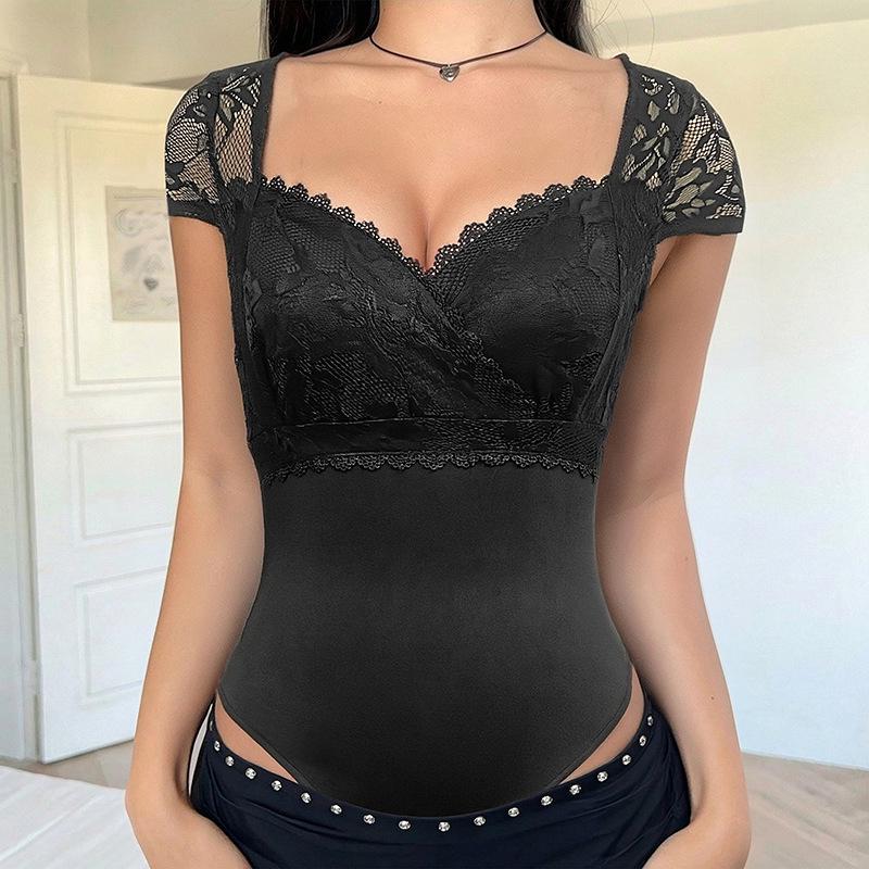 Летний 2026 года Европейский и американский кружевной пэчворк Квадратный вырез Боди Medium чёрный