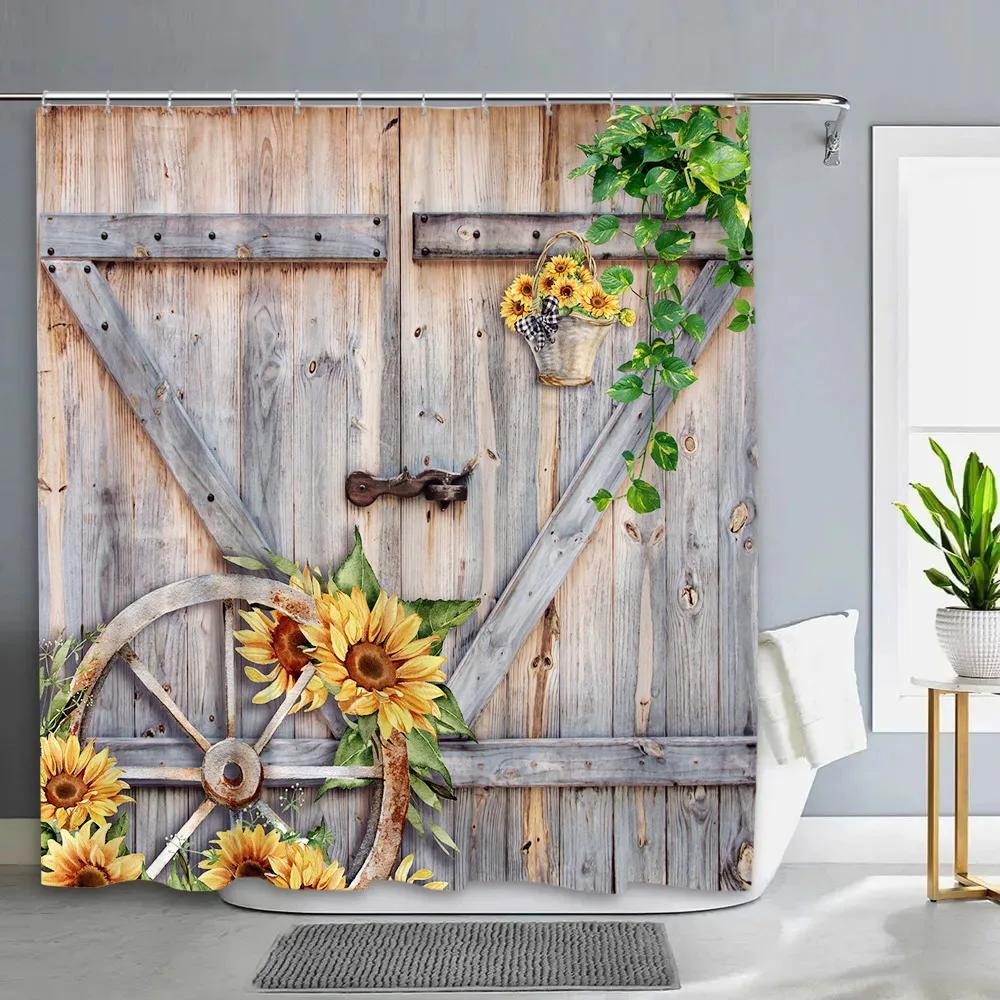 Vintage Rustic Wood Panel Shower Curtain Barn Door Floral Botanical Green Leaf Barn Farm Polyester Fabric Bathroom Decor Curtain