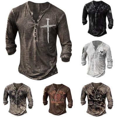 Slim Fit Herren-T-Shirt aus Baumwolle mit Aufdruck, kragenlos und langärmlig