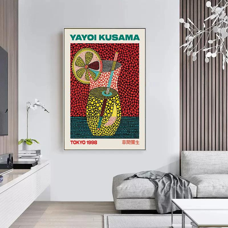 Yayoi Kusama Kunstausstellung Kürbisblume Wandkunst Poster Drucke Abstrakte Leinwandmalerei Bild für Modernes Zimmer Wohnkultur