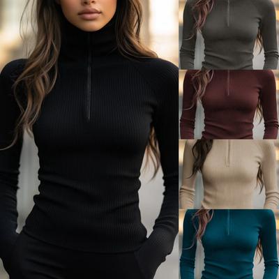 Autumn and Winter Women's Slim Fit Elastic Slimming Zipper Collar Knitted Base Short Sleeved Shirt Top T-shirt