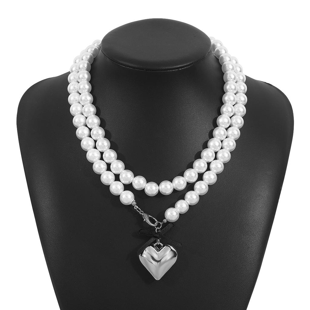 Women European Sweet Ins Style Ribbon Bow Love Pearl Necklace For Women Minimalist Design Layered Clavicle Necklace