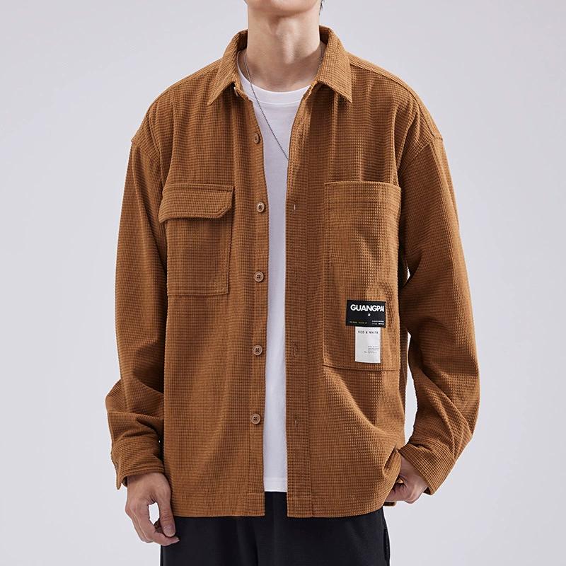 Waffle Long Sleeved Shirt Men's Loose Oversized Autumn Workwear Solid Color Lapel Shirt Jacket