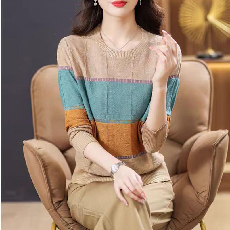 Striped Thin Knit Sweater Top Autumn Women's Color-blocked Crew Neck Pullover Sweater Women's Base Layer
