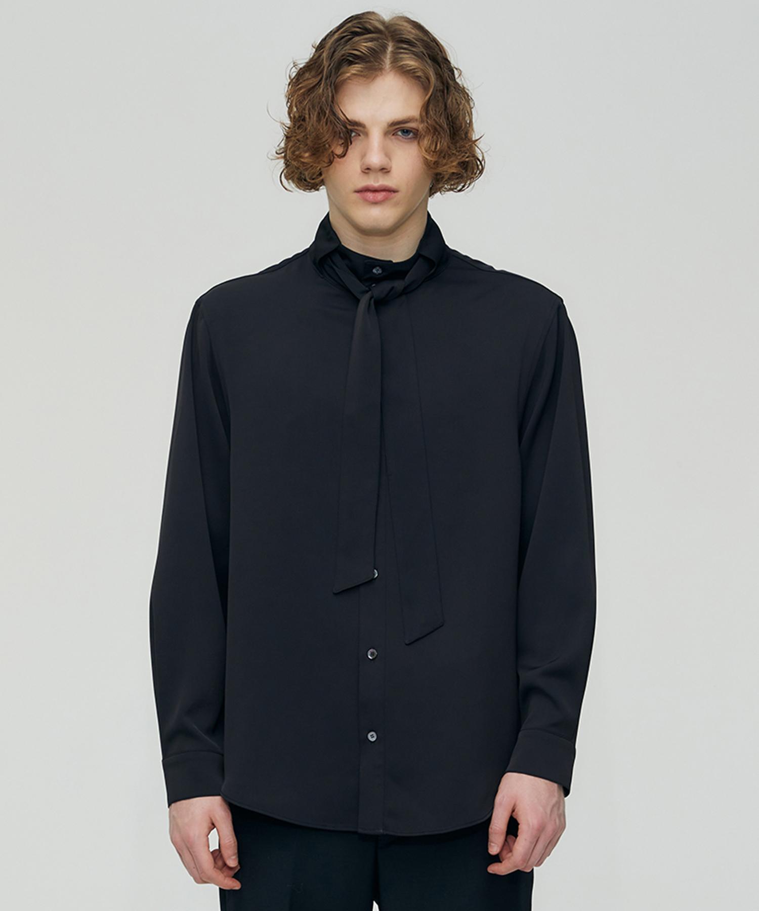 Pinned Look Detachable Scarf High Neck Shirts (Black) S
