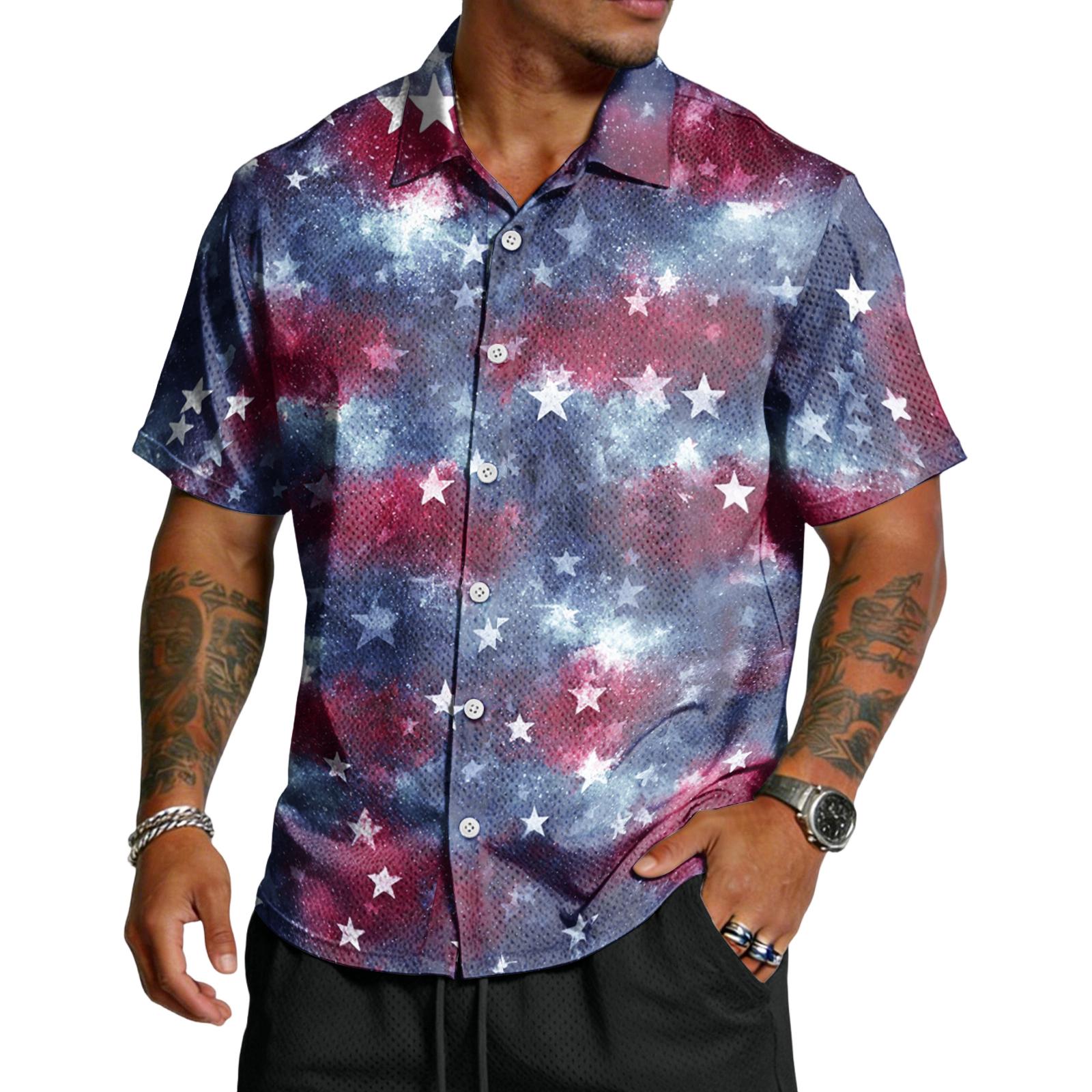 

Men’s Casual Short Sleeve Button Down Shirt with Abstract Independence Day Print Lightweight Breathable Fabric Collar Design L синий