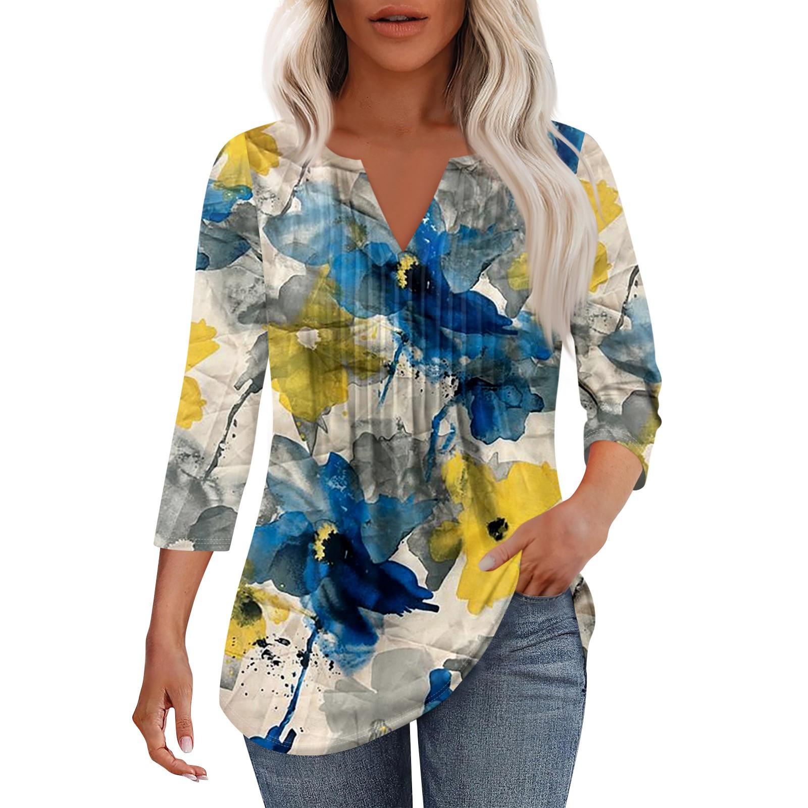 

Женская модная повседневная плиссированная футболка с V-образным вырезом и рукавом семь четвертей XXL синий