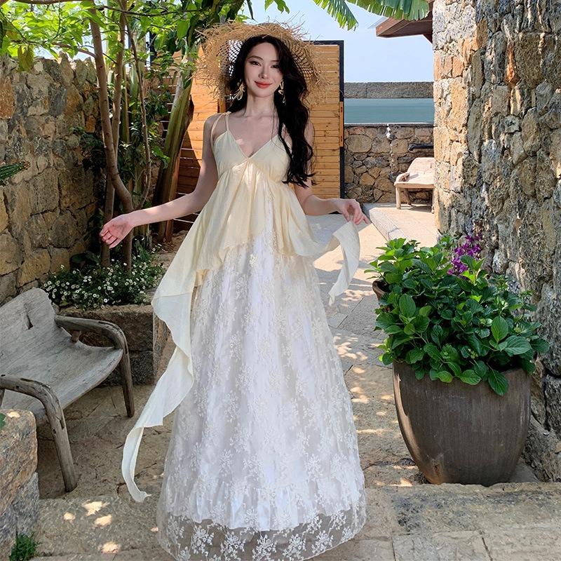 New Cinderella Romantic Heavy Industry Embroidery Suspender Long Dress Collar Lace Splicing Travel Vacation Long Dress