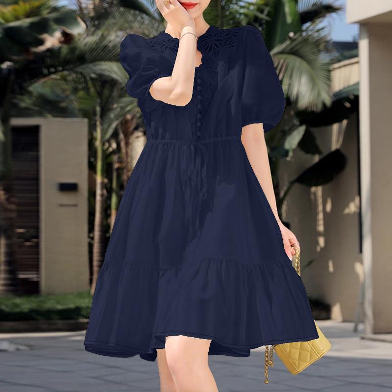 ZANZEA Women Lace Crochet Splice V-Neck Casual Short Sleeve Dress