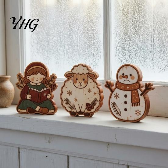 Desktop Christmas Tree Decor Wooden Ornaments, Vintage Colorful Decoration, Rustic Holiday Wood Figurines Miniature Snowman Figures with Pine