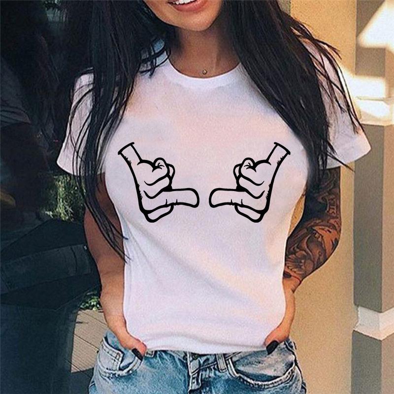 Summer Tshirt Women New Fashion Middle Finger Chest Graphic Printed Round Neck T Shirt Casual Simple Women Tee Tops Female