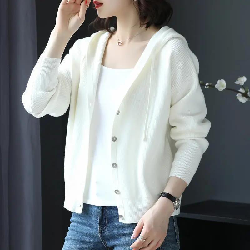 Spring and Autumn New Style Women's Hooded Knitted Jacket Women's Short Loose Outer Knitted Cardigan All-match Women