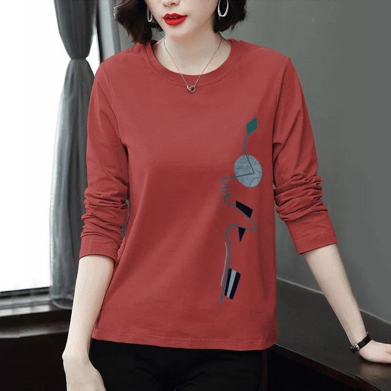 

WTEMPO Женские весенне-летние свободные хлопковые топы с круглым вырезом, рубашки, женские с длинным рукавом, больших размеров, с принтом, повседневные блузки XXL красный