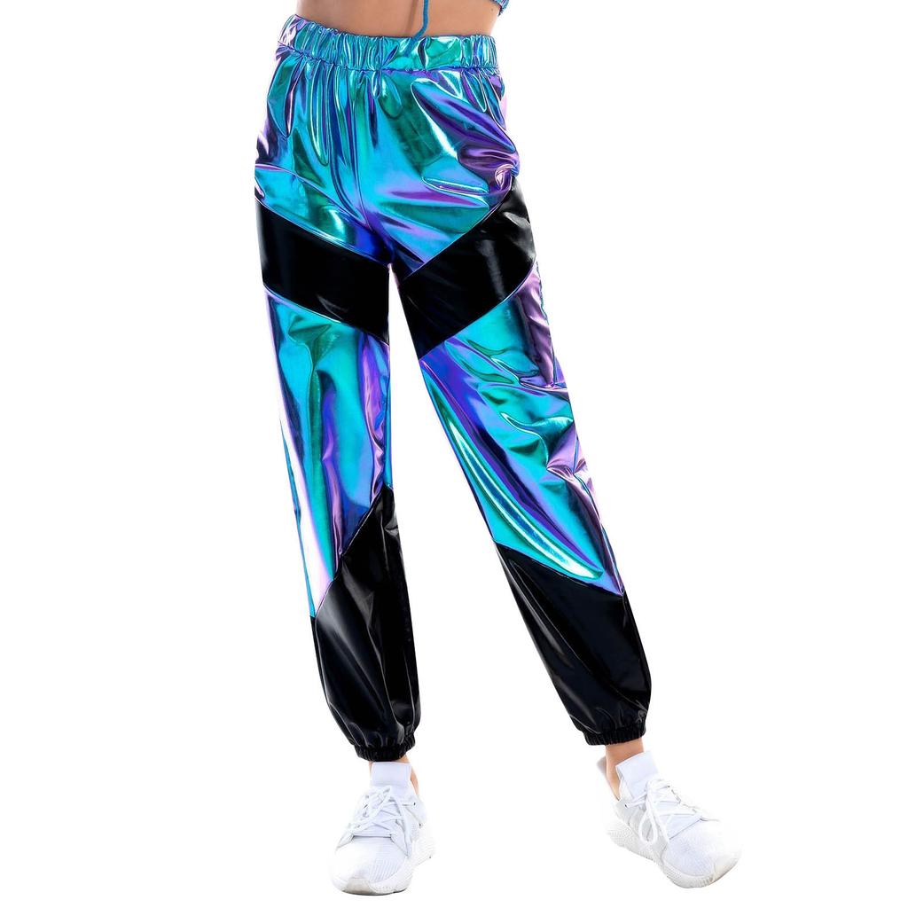 Damen Glanzhose Elastisch Sporthose Locker Freizeit Casual Lange Hose Sweatpants Jogginghose Stretch Leggings Party Disco Clubwear