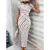 Elegantes Taillenband Gestreiftes Kleid Kurzärmelig Rundhals Schlanke Passform Lässig Sommerkleid Party Bodycon Damen Schnürung Bedruckte Kleidung