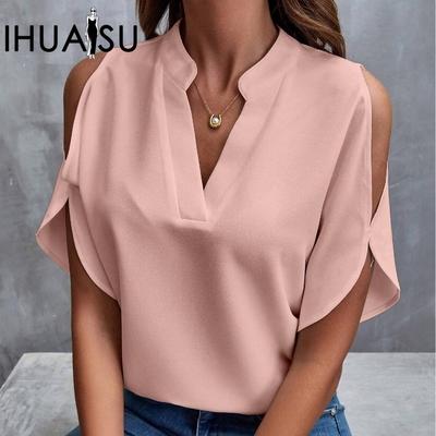 Women's Summer Solid Color V-neck Off-the-shoulder Loose Chiffon Top