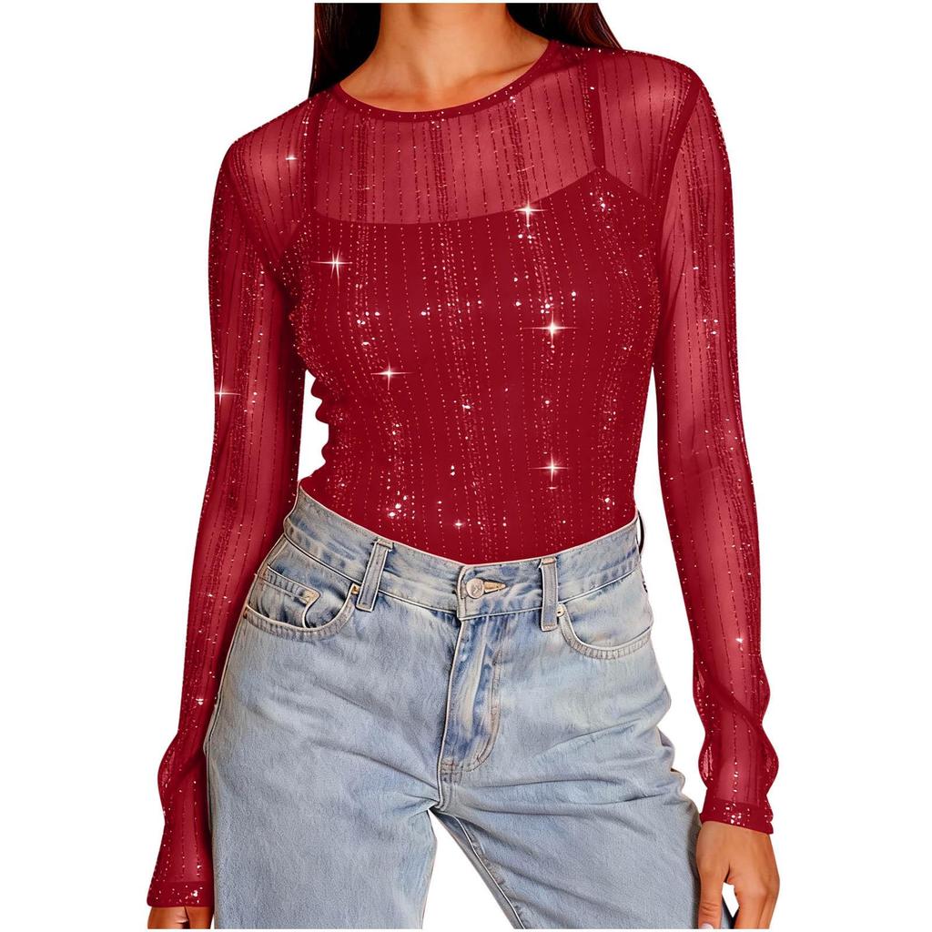 Women's High-Neck Sequin Long Sleeve Top - Spring/Autumn 2026, Stylish & Transparent Inner Layer