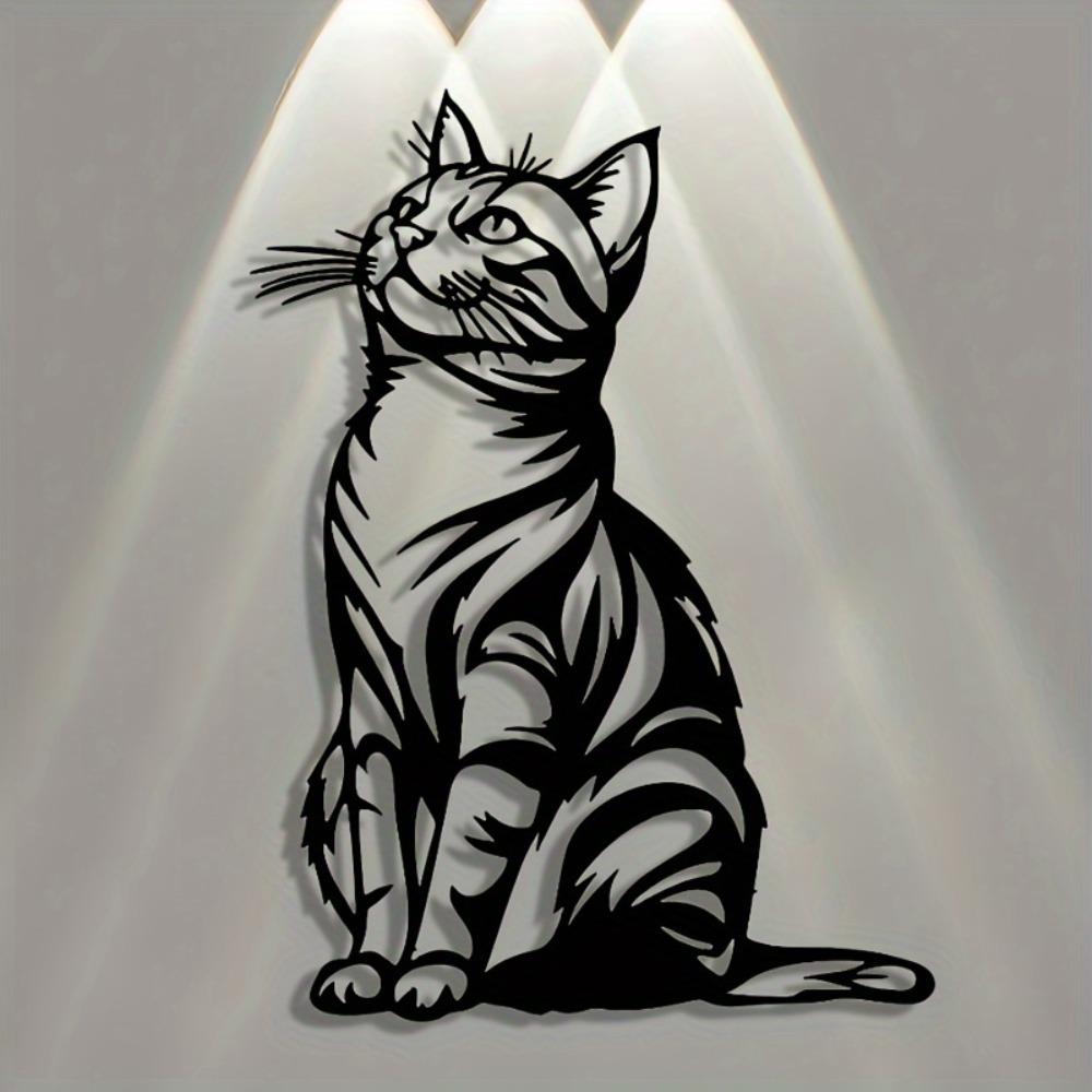 Elegant Metal Cat Wall Art Black White Stripe Silhouette Home Office Patio Kitchen Decor Removable Reusable Housewarming Gift