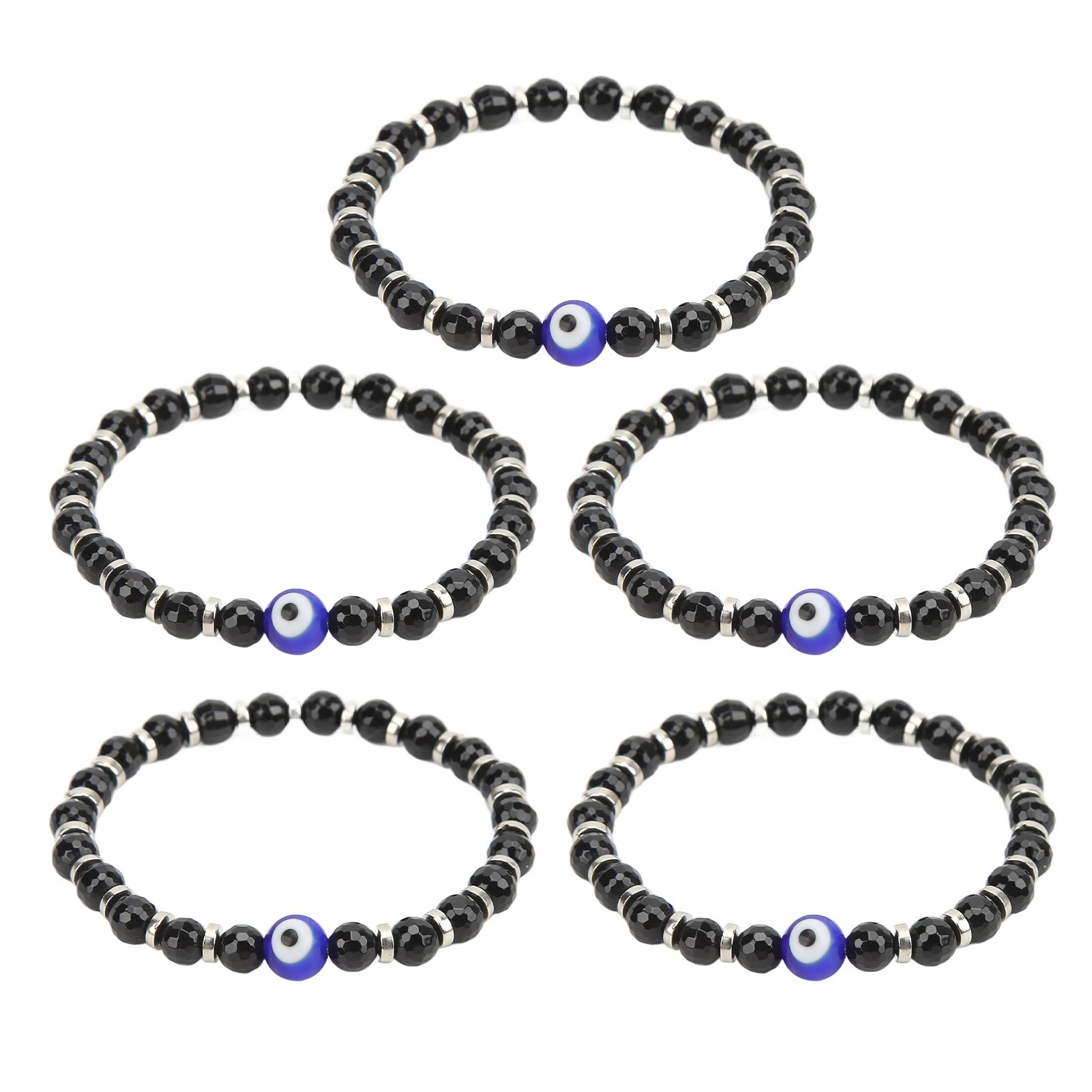 

5 Pcs Evil Eye Bracelet 6MM Exquisite Blue Glass Crystal Turkey Evil Eye Beads Black Stretch Bracelet Gift
