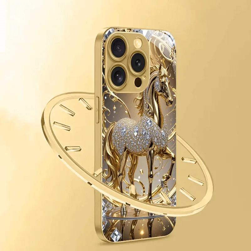 Custodia in Vetro Temperato Lussuosa con Motivo Cavallo Dorato e Diamanti per iPhone 11 13 12 14 15 16 E 17 Pro Max Air Custodia Protettiva
