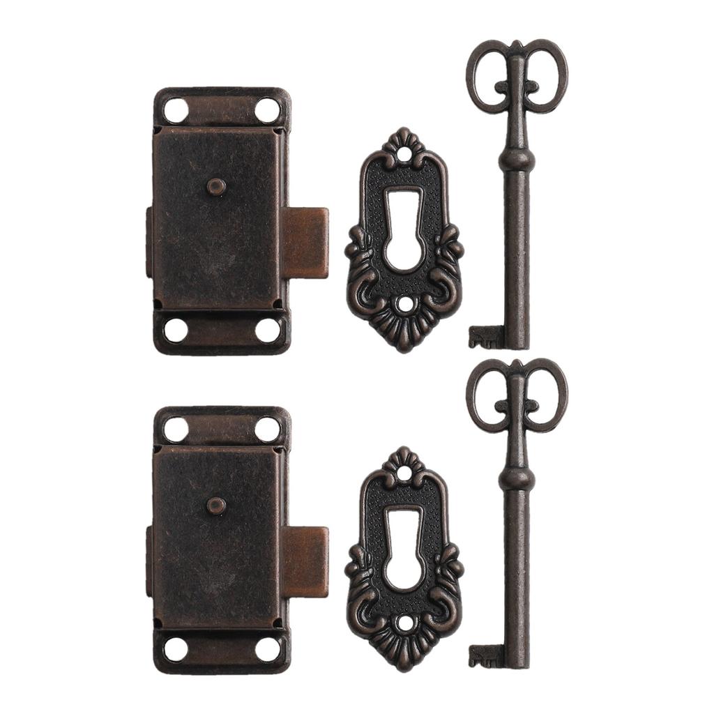 2 PCS Vintage Cabinet Door Lock Set Key Wooden Jewelry Box Lock Decorative Cover Antique-Bronze Lock Furniture Hardware
