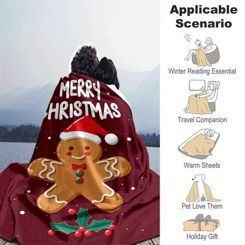 1pc Christmas Gingerbread Man Printing Lightweight Flannel Blanket, Comfortable and Warm Blanket, for Camping Sofa Bed and Couch Office, Gift