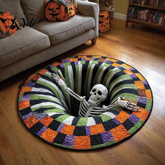 Sezónní sváteční dekorace 3D kulatý Halloween koberec, Strašidelný kostlivec Optická iluze Plošný koberec, Jedinečné vizuální rohože Prošívaný strašidelný hloubka Neklouzavý koberec