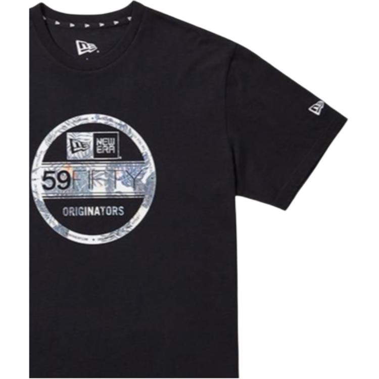 New Era Geometric Pattern Digital Print Crew Neck Pullover T-Shirt Unisex tops Black 12836337