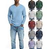 Men Plus Size Waffle Plaid Slim Fit Long Sleeve V Neck Casual T Shirt