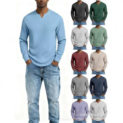 Herren Plus Size Waffel Karomuster Slim Fit Langarm V-Ausschnitt Lässiges T-Shirt