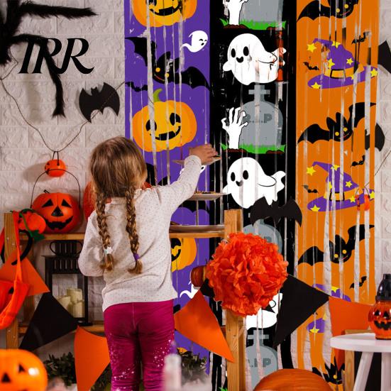 Halloween Event Decoration Foil Fringe Curtain for Halloween, Orange Purple Black Background Holiday Party Backdrop Photo Booth Props, Pumpkin