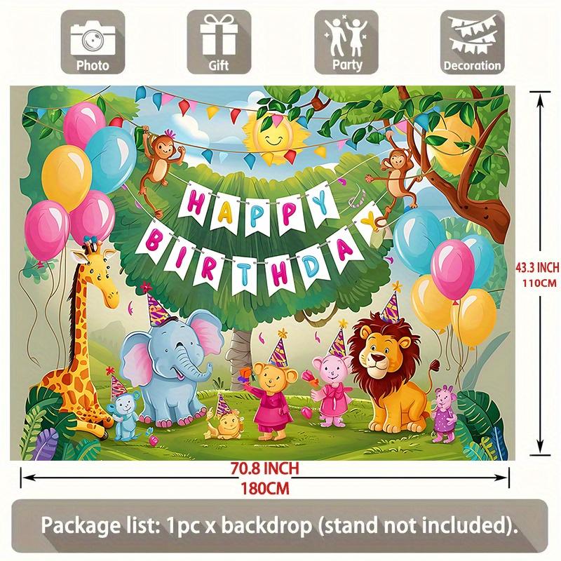 Party-Hintergrund Dschungel-Safari Cartoon-Tiere Ballons Text Festlicher Fotoautomaten-Hintergrund Geburtstagsfeier Dekoration