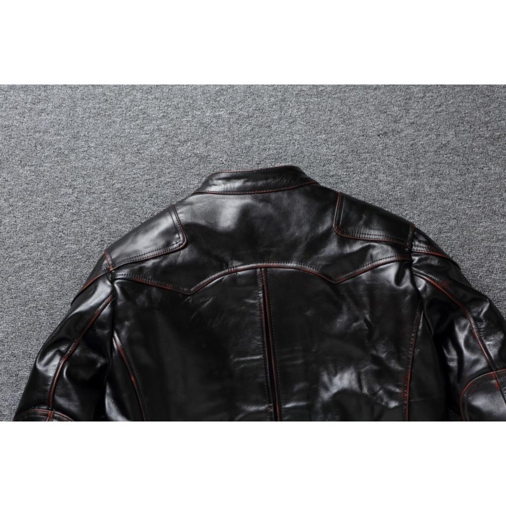 Chinese Size Style RL Top Layer Oil Waxed Cowhide Real Leather Jacket Men Stand Collar Brown Motorcycle Coat Men's Biker Jacket Spring Autumn