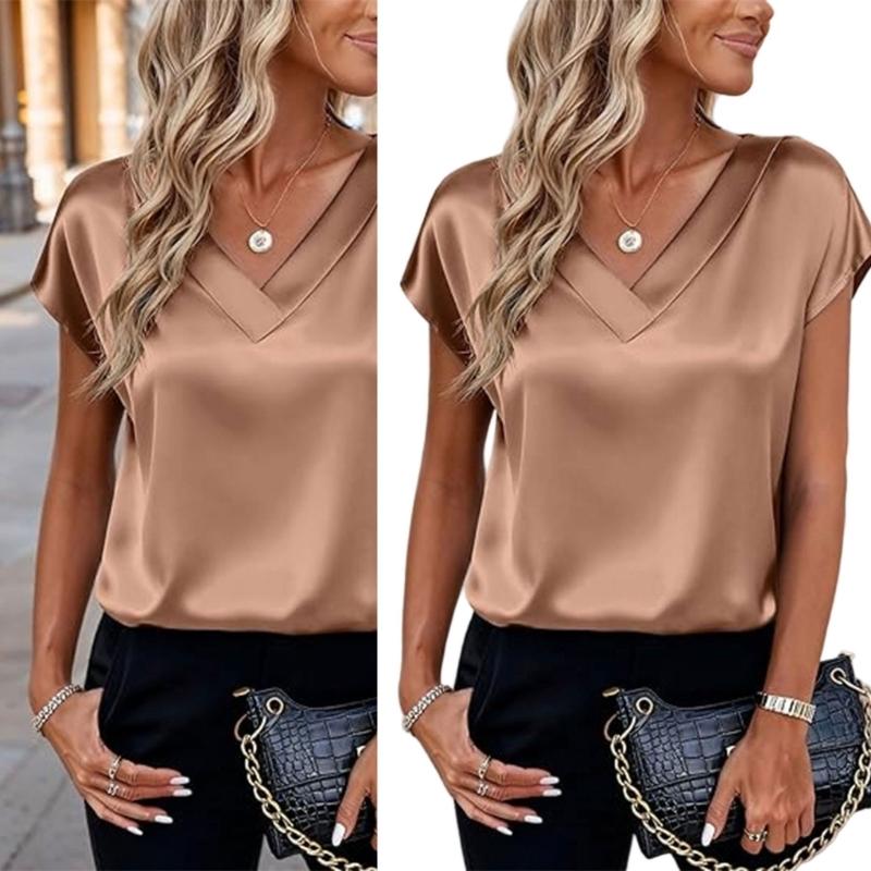 Damen Oberteile Mode Lässig V-Ausschnitt Kurzarm Bluse Business Lässige Oberteile Satin Seide Sommerhemd Arbeits Tuniken Oberteile
