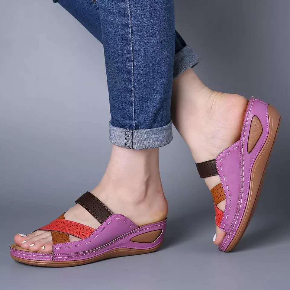 Summer new thick-soled color matching fish mouth wedge heel sandals, hollow carved women's shoes