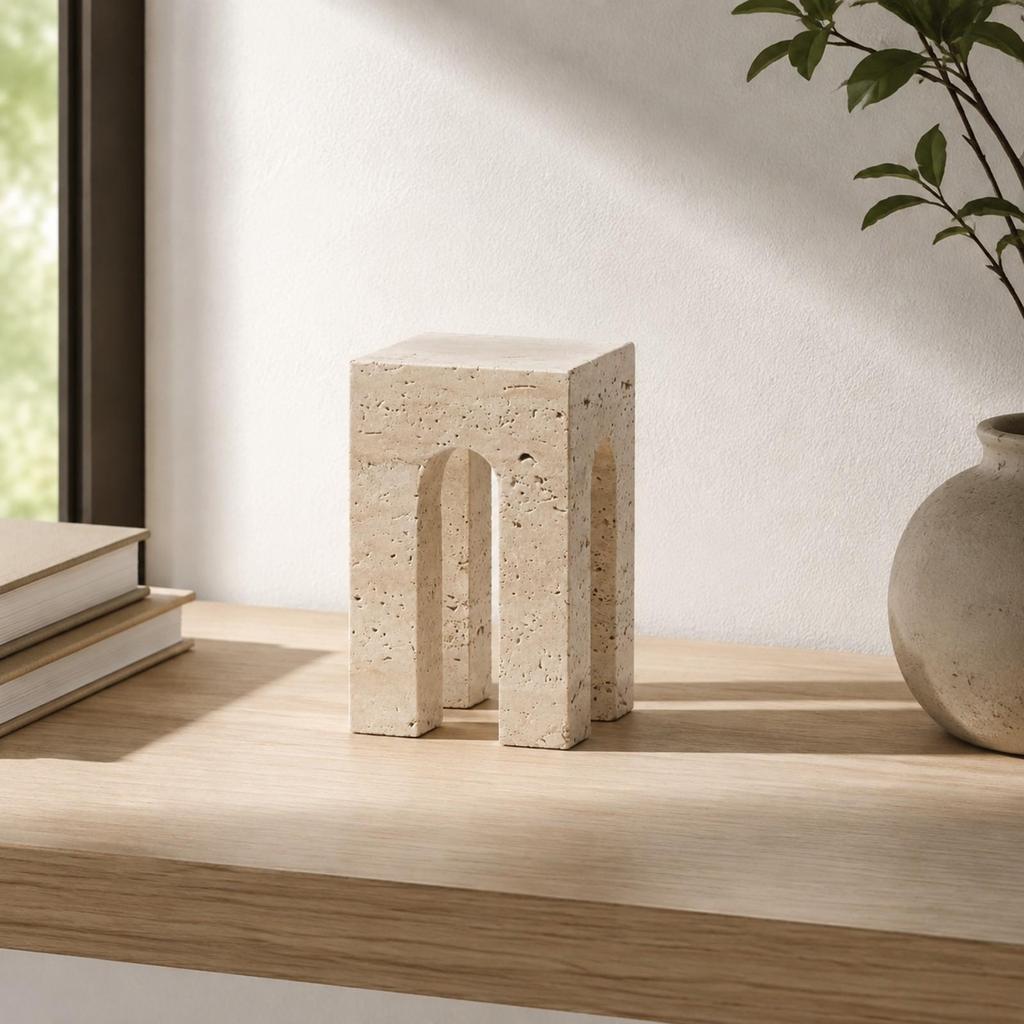 Geometric Resin Decor with Arched Cutouts Compact Arch Ornament StoneTextured Architectural