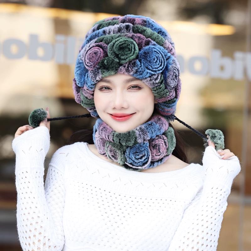 Rex Rabbit Hair Hat Scarf Two-piece Set Women's Winter In The Elderly Mother Grandma Winter Fur Scarf Cover
